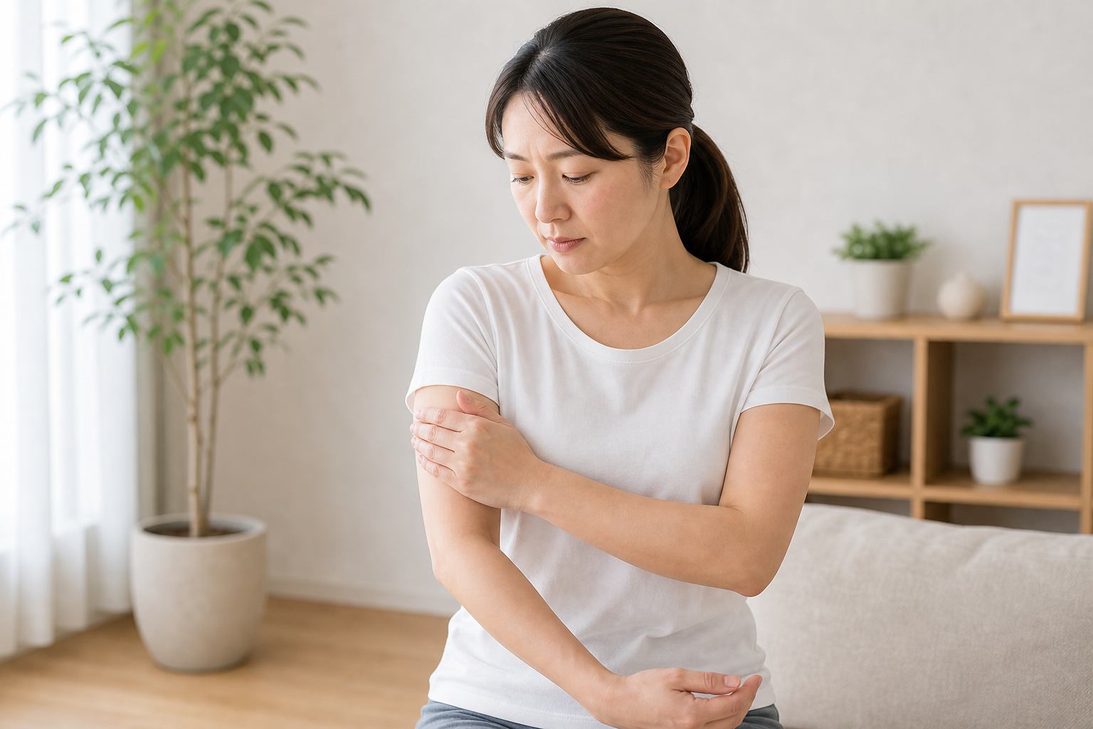 二の腕の痛む場所を確認するイメージ