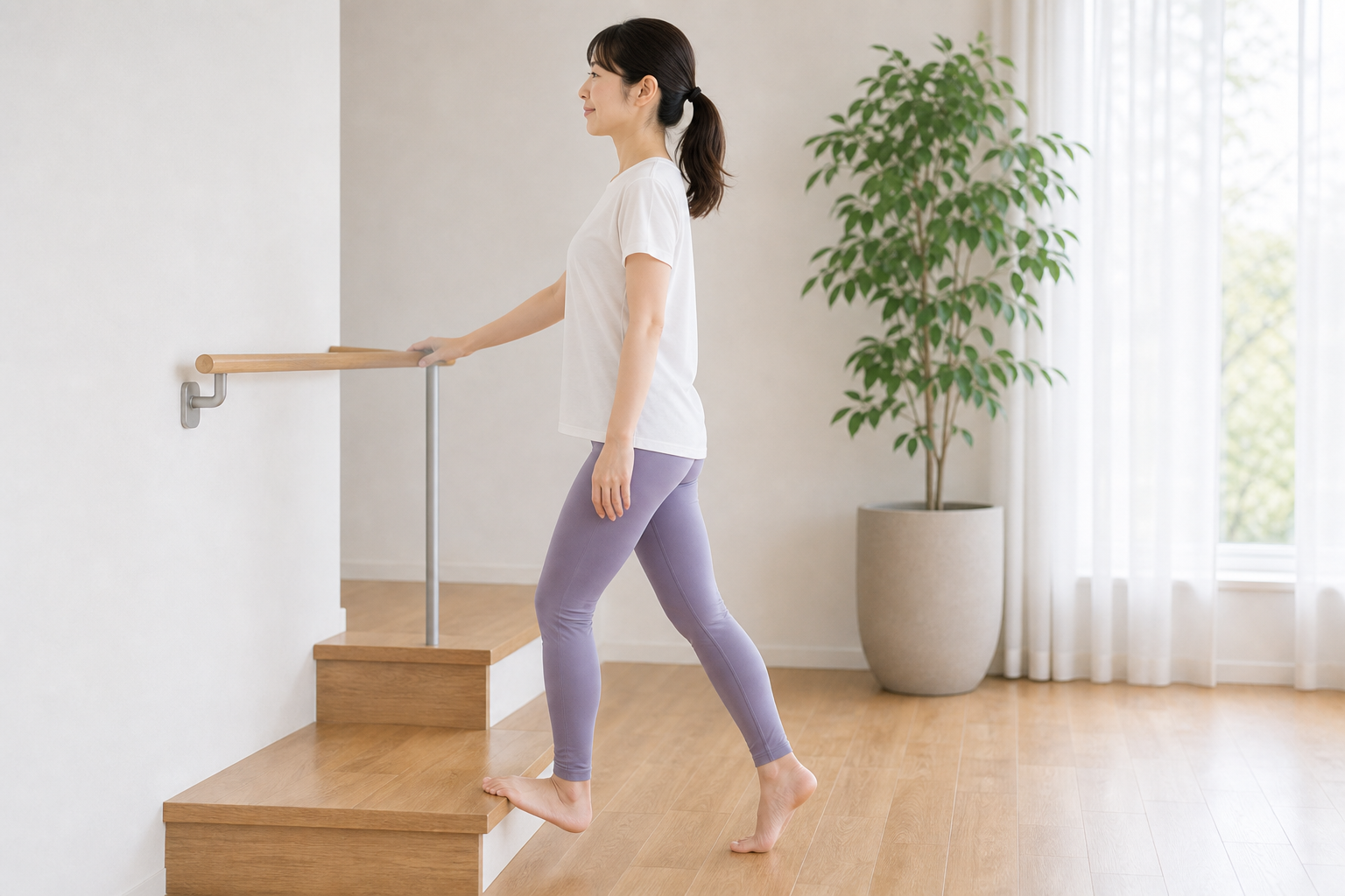 段差でかかとを下げてふくらはぎを伸ばすストレッチ