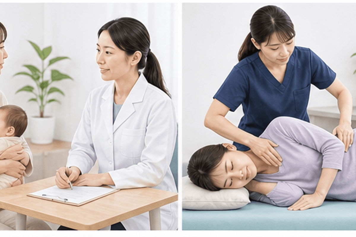 日常動作別:恥骨痛が出やすい動きと対処を図解した産後の恥骨痛が治らない原因の説明画像