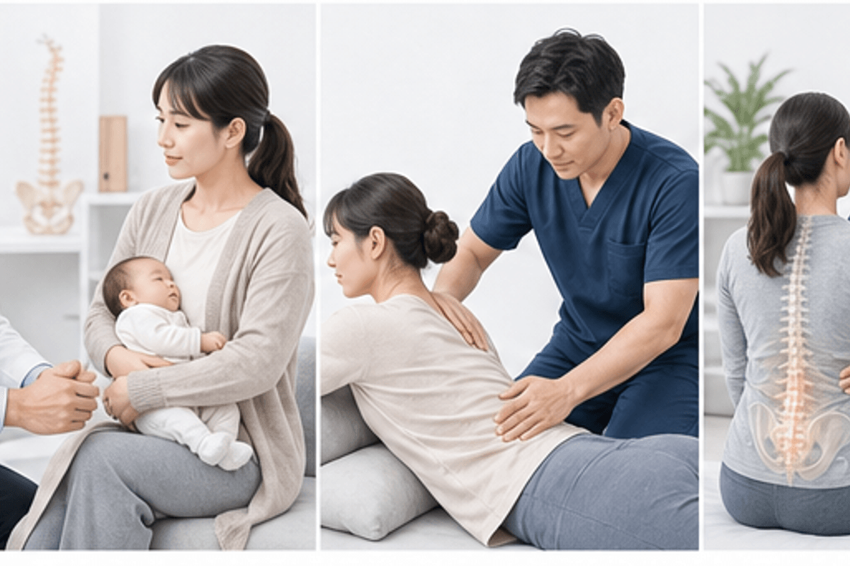 抱っこ・授乳姿勢が腰痛を生むメカニズムを図解した産後の腰痛が治らない原因の説明画像