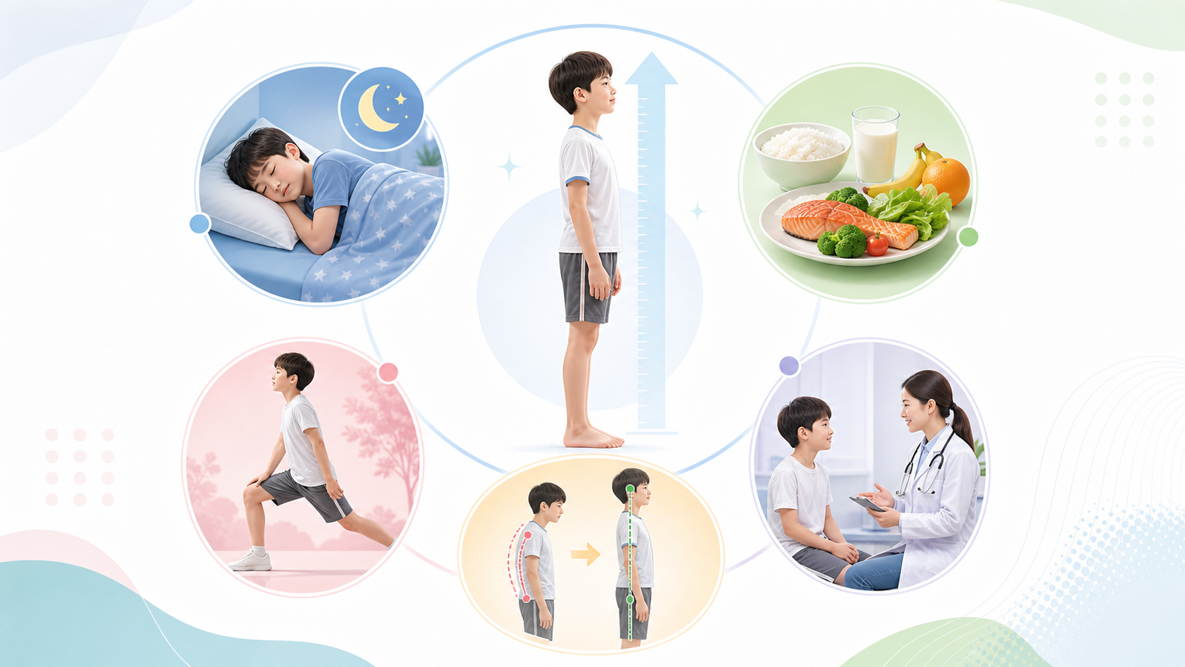 身長を伸ばす5要素として睡眠・栄養・運動・姿勢・医療相談を示す画像