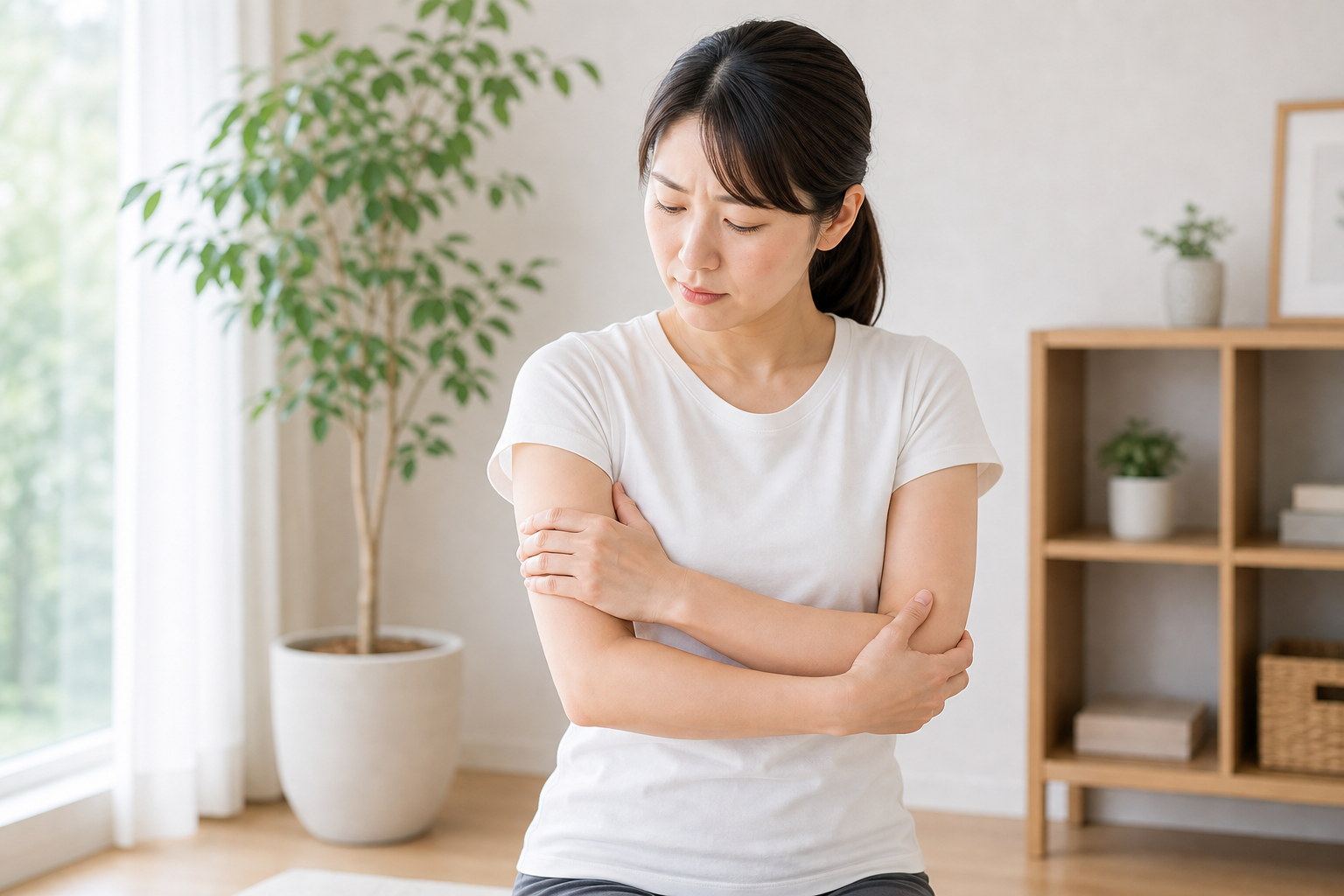 左右で二の腕の痛みを確認するイメージ