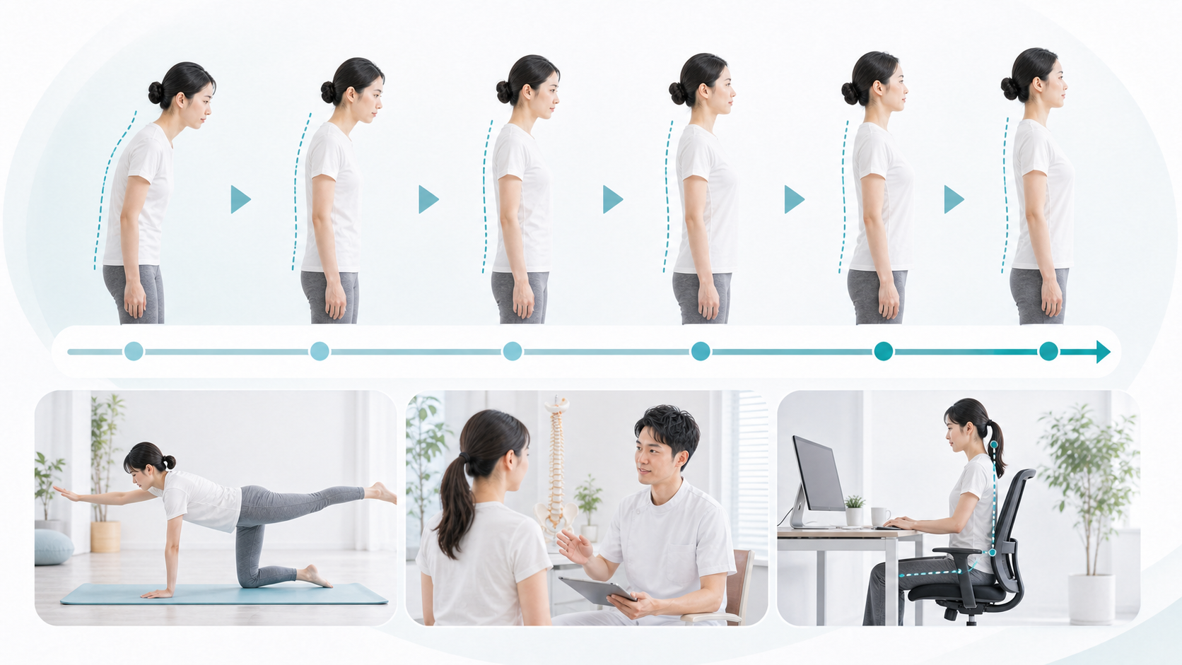姿勢矯正の効果が出るまでの3か月から6か月の継続期間を示す画像