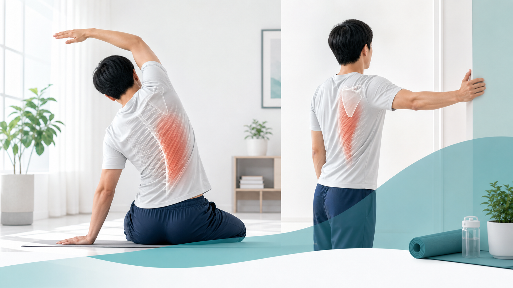 緊急性が低い背中の左側の痛みに行う広背筋ストレッチと胸を開くセルフケア画像