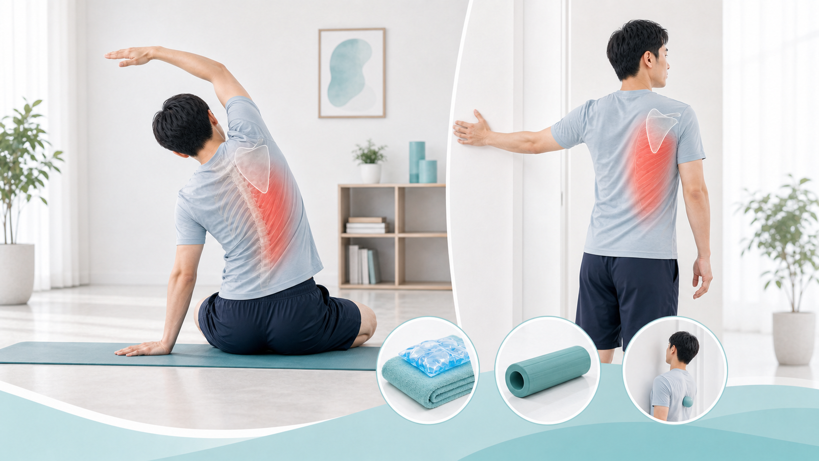 緊急性が低い背中の右側の痛みに行う広背筋ストレッチと胸を開くセルフケア画像
