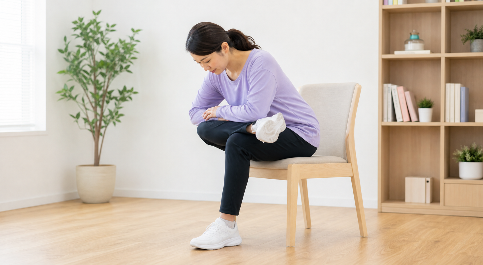 椅子で脚を組んで中臀筋と梨状筋を伸ばすストレッチ