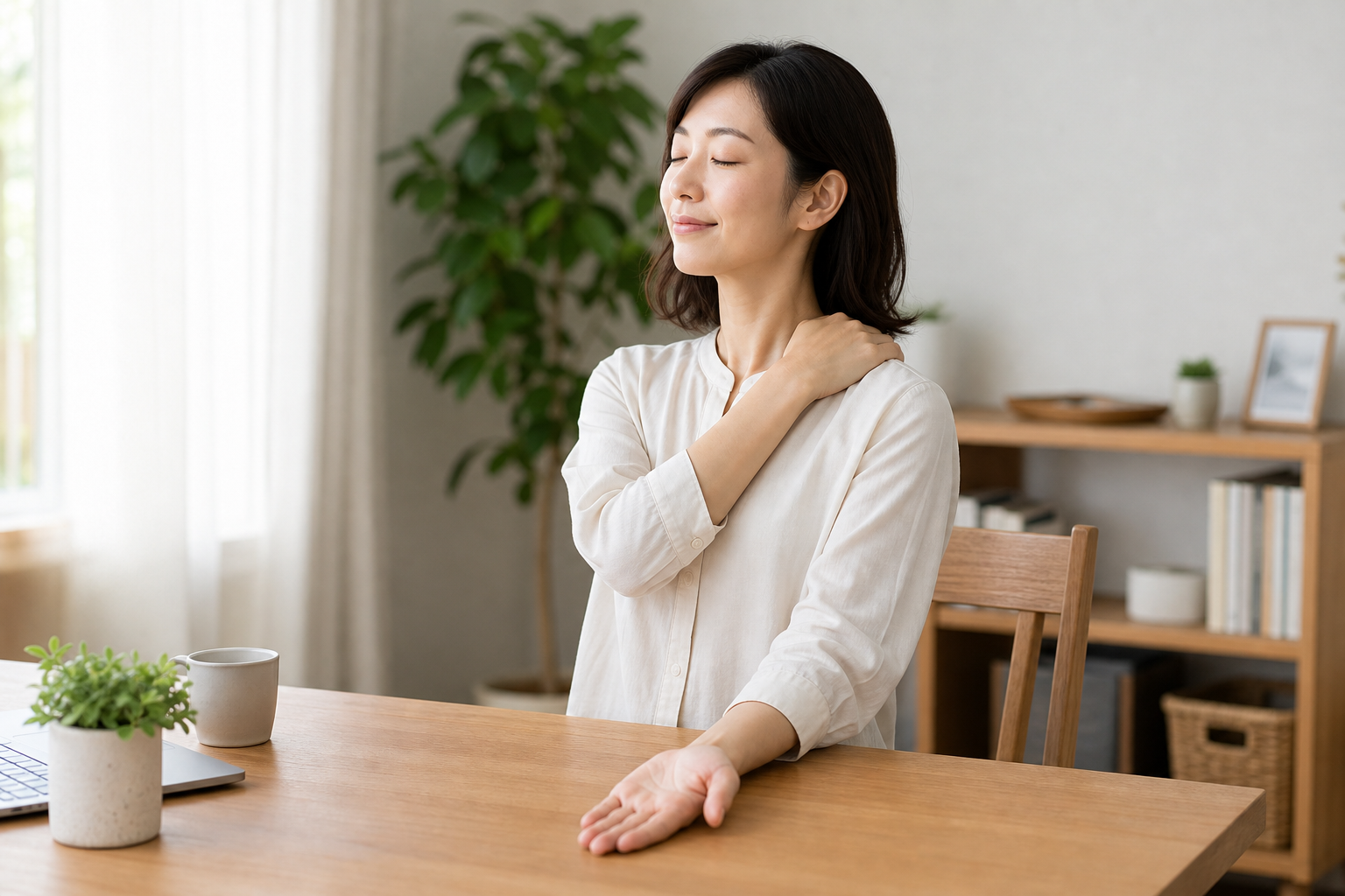 手のツボ押しと姿勢ケアを組み合わせるイメージ