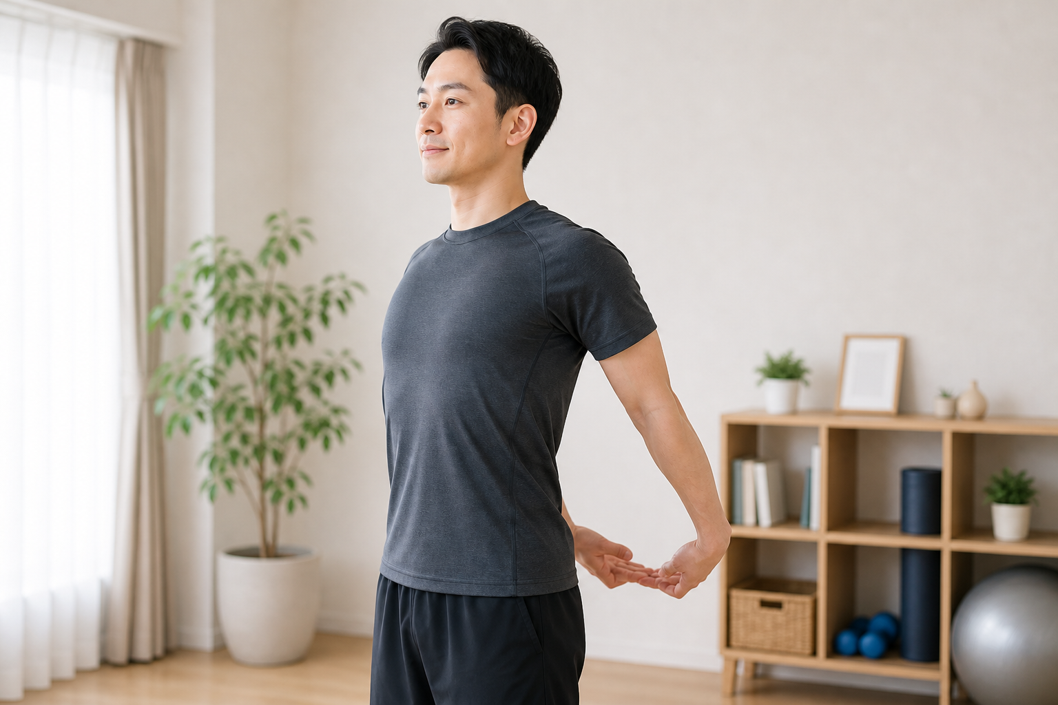 肩甲骨を寄せて鎖骨まわりの負担をやわらげるイメージ