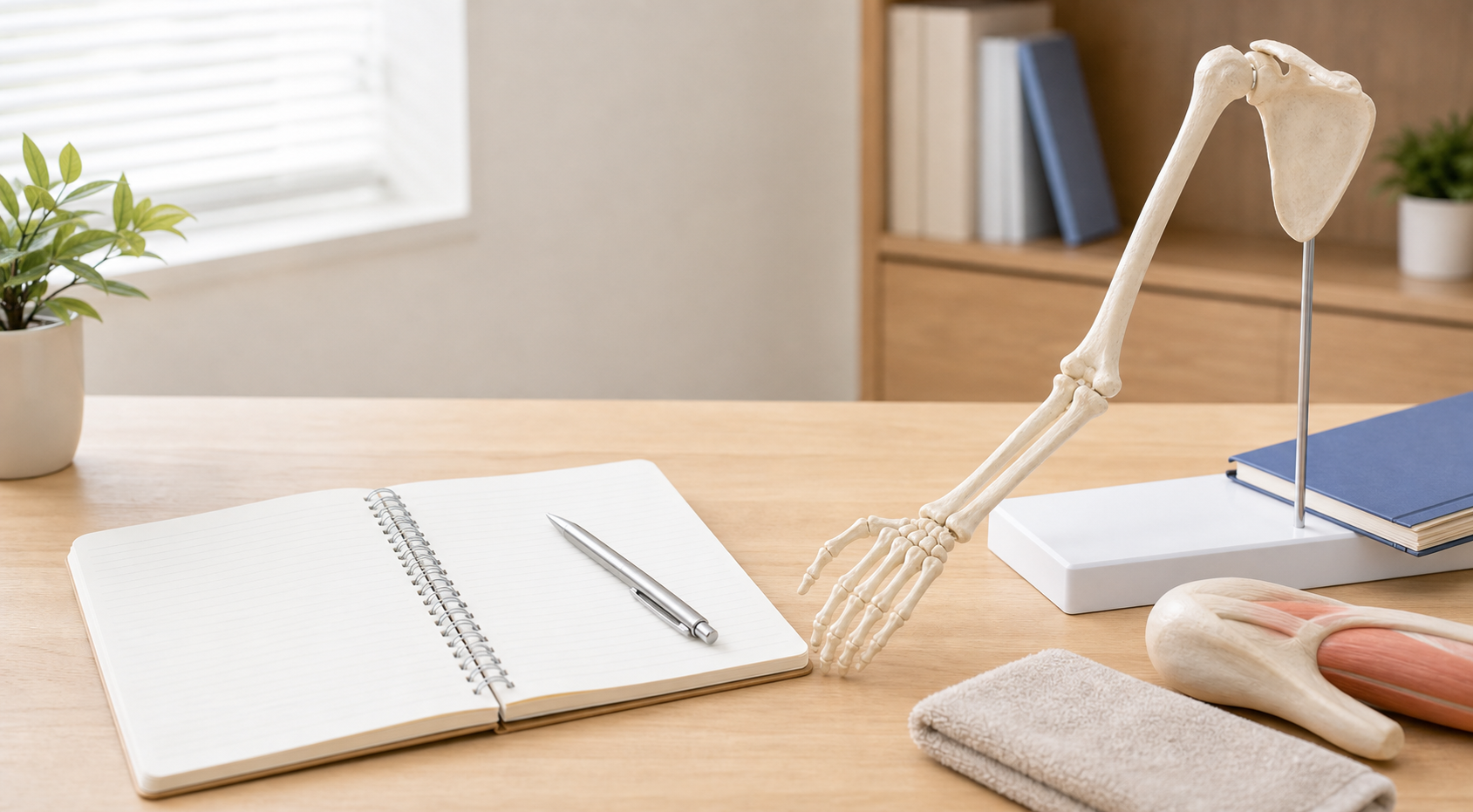 腕の骨についての質問を整理するノートと骨模型のイメージ