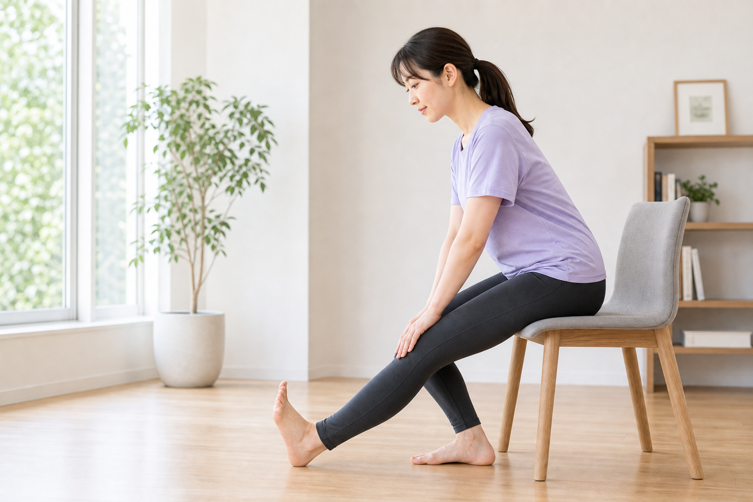 椅子に座って前屈しふくらはぎを伸ばすストレッチ