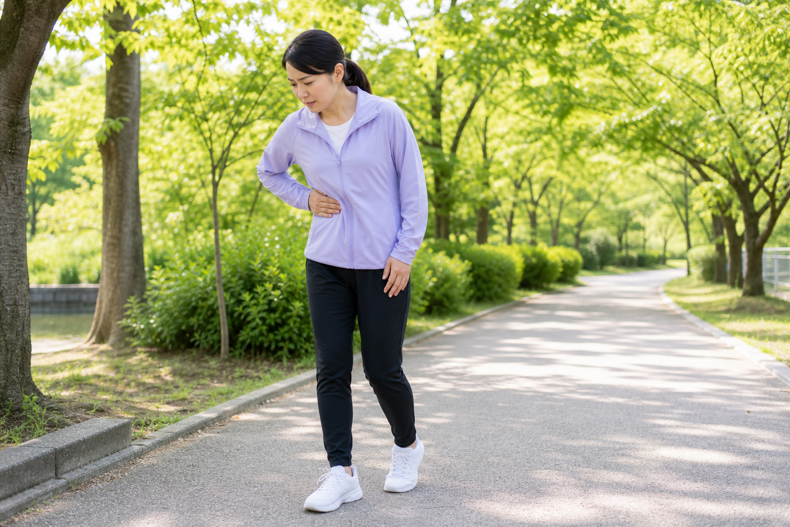 運動中の横っ腹の痛みで呼吸を整えるイメージ