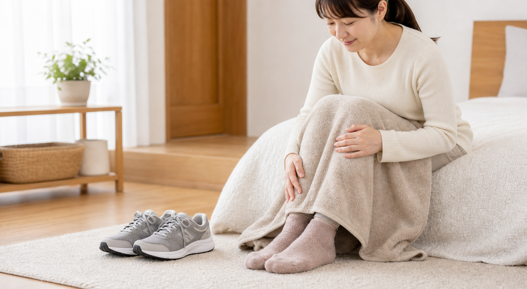 足を温めて靴を見直す土踏まずのつり予防イメージ