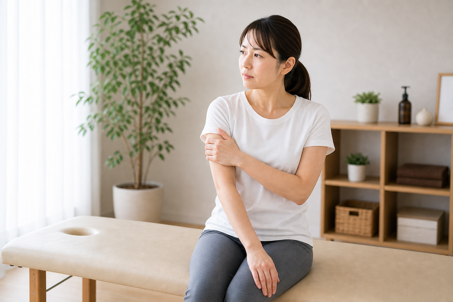 二の腕の痛みや首肩のこりを整体で相談するイメージ
