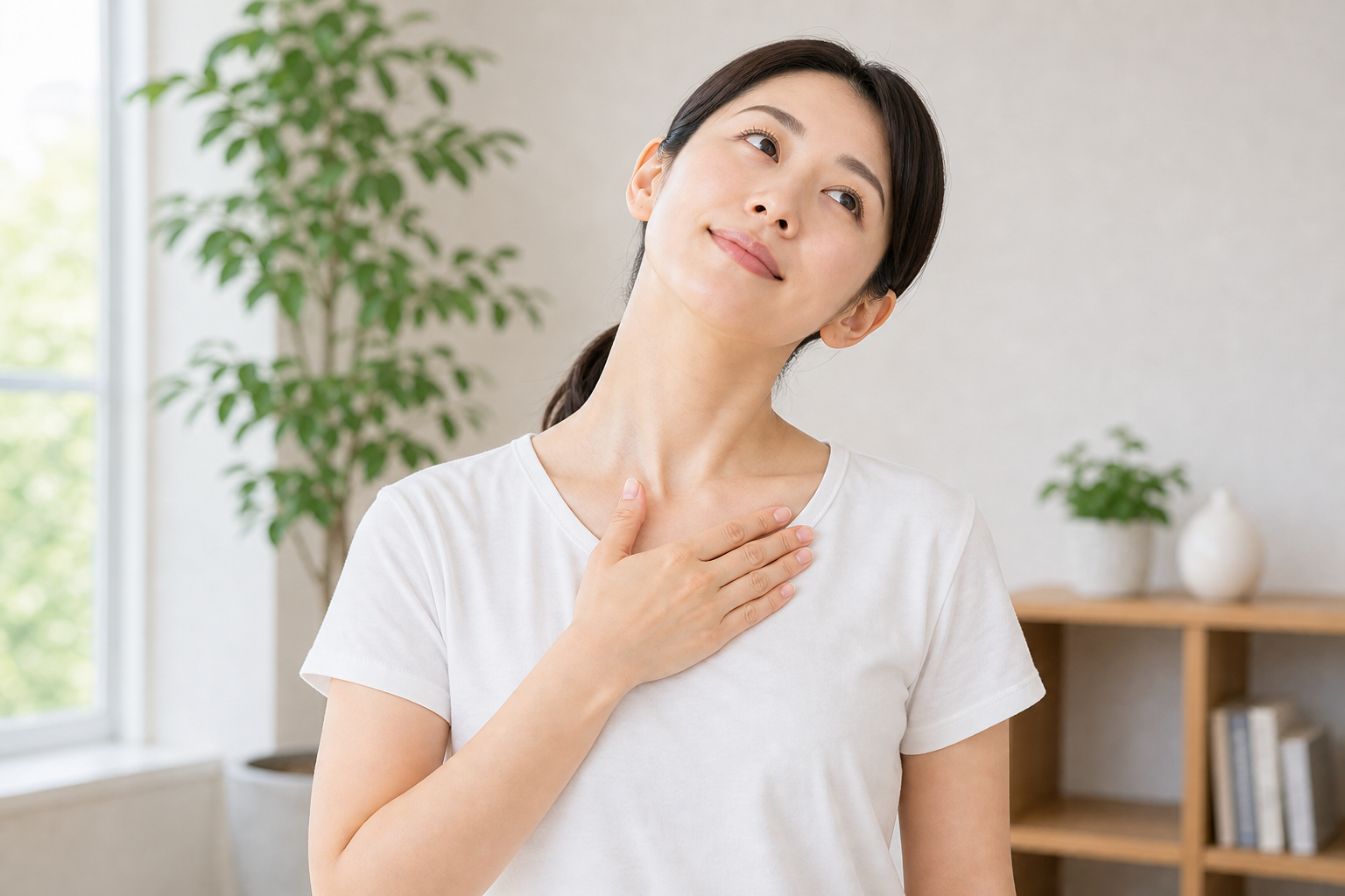 鎖骨に手を添えて胸鎖乳突筋を伸ばすストレッチ