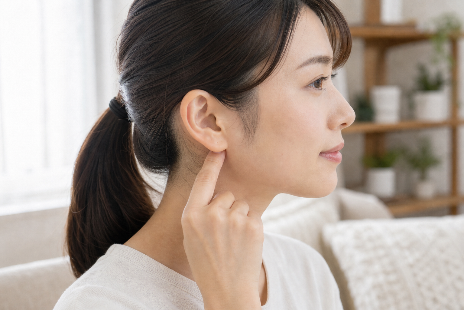 翳風の位置にそっと触れるセルフケアイメージ