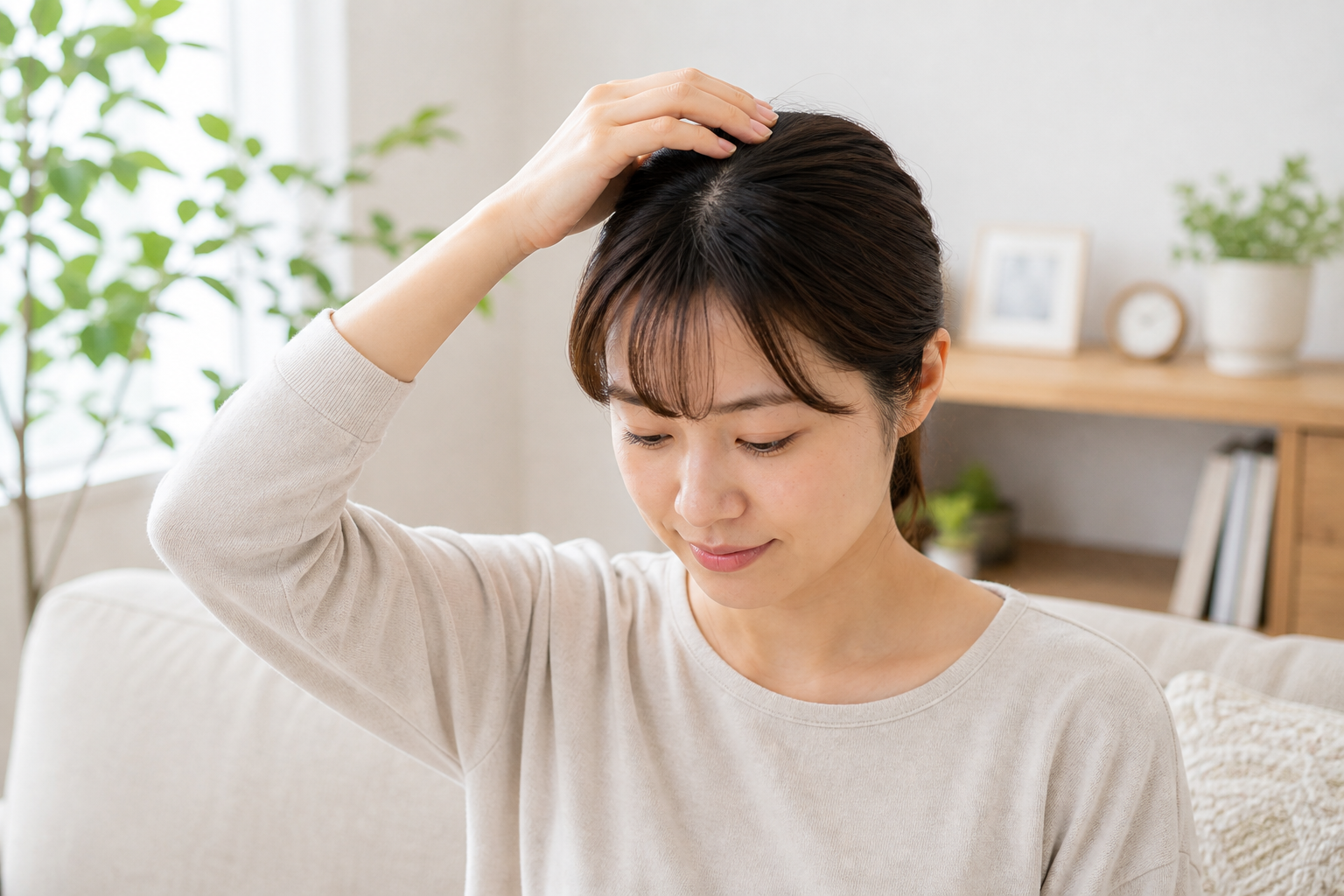 百会の位置をやさしく押すセルフケアイメージ