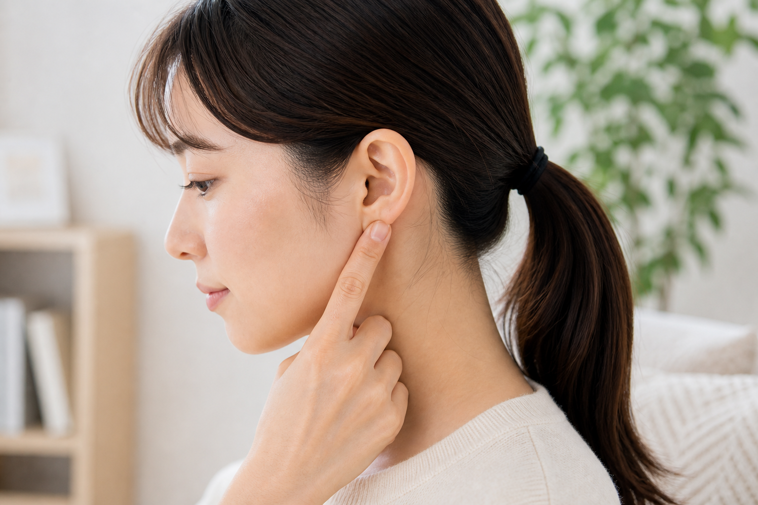 完骨の位置をやさしく押すセルフケアイメージ