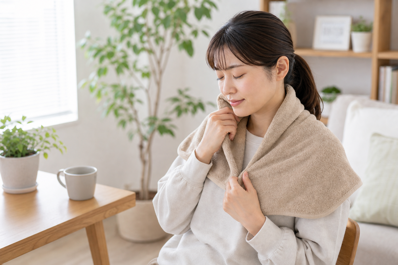 首と肩まわりを温めるセルフケアイメージ