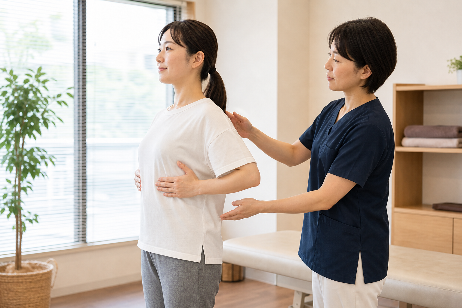 肩首姿勢のケアと呼吸を整えるイメージ