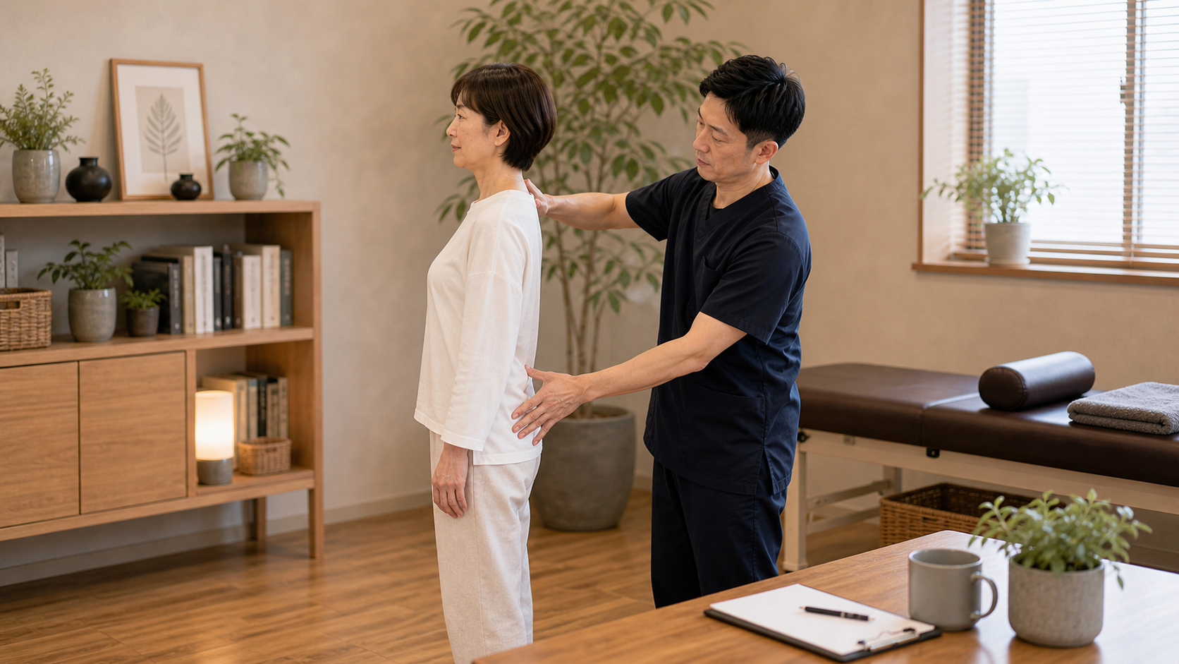整体で姿勢と肩甲骨の位置を確認するイメージ