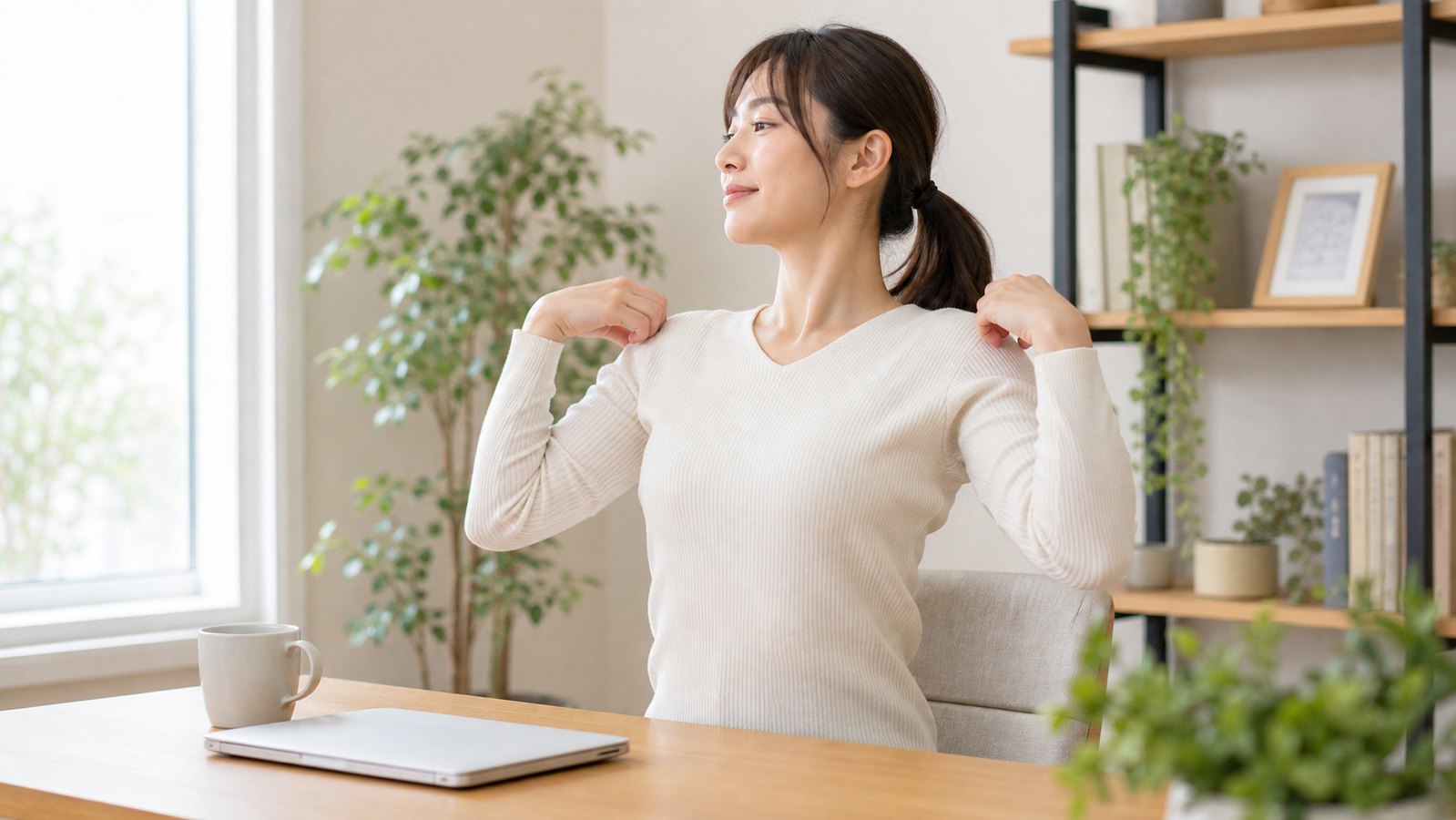 首の前側と胸まわりの緊張を確認するイメージ
