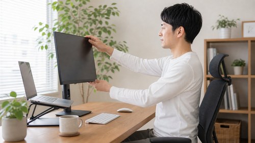 画面から目を離して作業環境を整えるイメージ