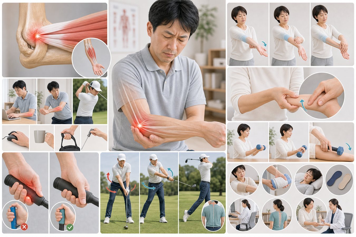 痛む動作を控えて肘を休めるイメージ