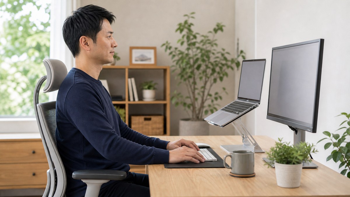 首こりを防ぐために画面の高さと頭の位置を見直すイメージ