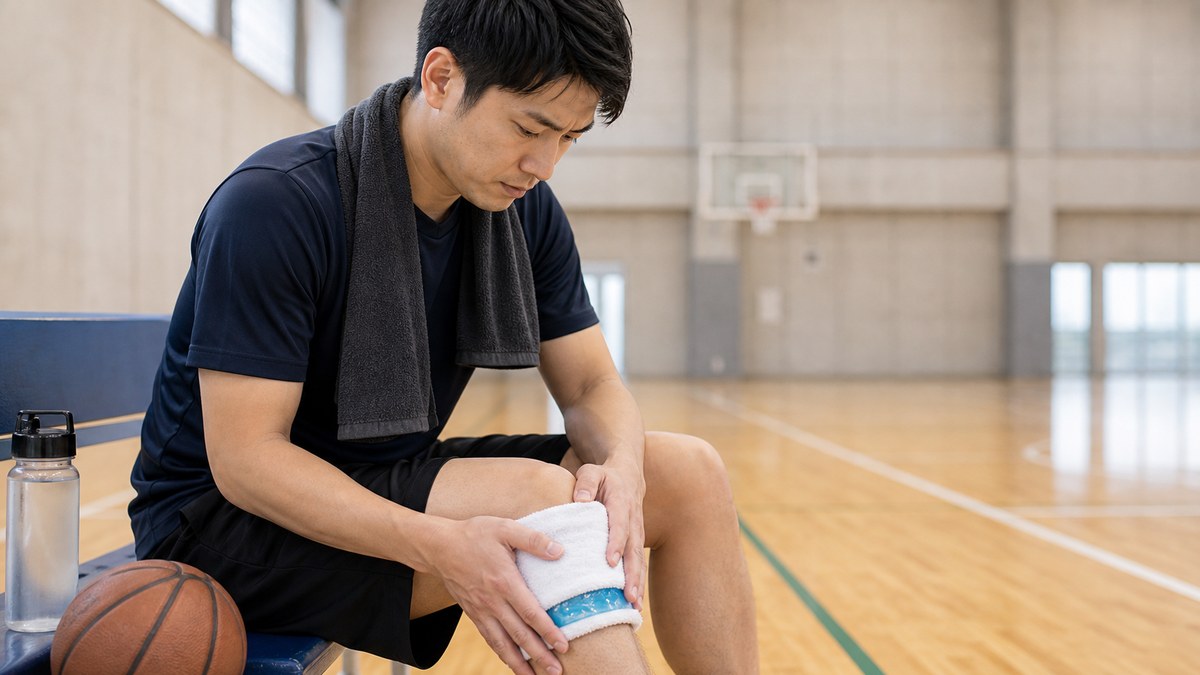 運動後に膝をアイシングするイメージ