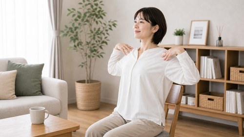 首肩と肩甲骨をやさしく動かす女性