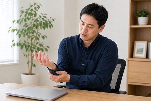 肘部管症候群で小指側のしびれを確認する様子