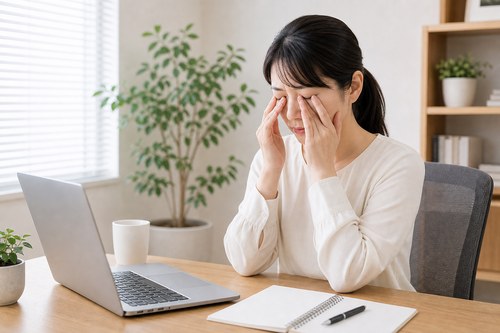 流山で眼精疲労に悩み目を休める女性