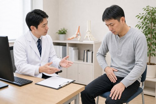 鼠径ヘルニアや危険なサインを医師に相談する男性