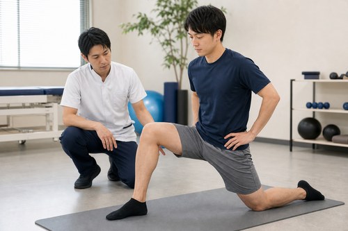 安静とリハビリを含む治療の流れを確認する様子