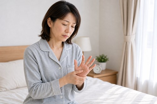 流山で手のこわばりに悩み朝に指を動かす女性