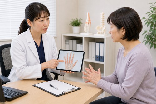 手のこわばりの原因を医師に相談する様子