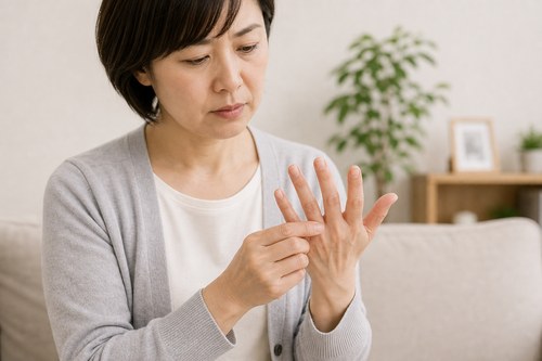 関節リウマチのサインとして手指を確認する女性