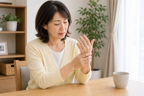 更年期や変形性関節症などによる手のこわばりを感じる女性