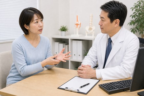 手のこわばりで何科を受診するか医師に相談する女性
