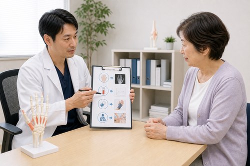 手のこわばりの診断と治療の流れを説明される様子