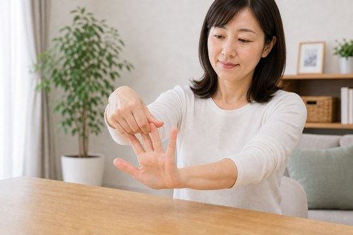 手をゆっくり動かすセルフケアをする女性