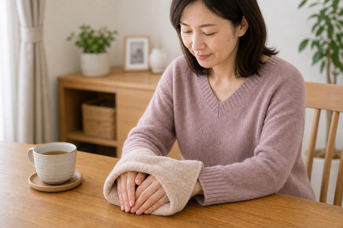手を温めてこわばりをやわらげる様子