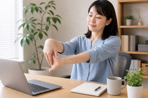 手の使いすぎを避けるため作業中に手を伸ばす女性