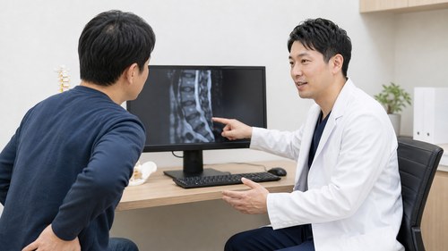 整形外科でMRI画像について説明を受ける様子
