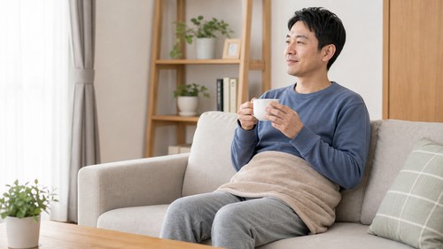 腰を冷やさないよう暖かく過ごす男性
