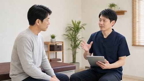 椎間板ヘルニアに向き合うため整体院で相談する様子