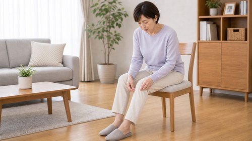 膝の痛む場所を確認する女性