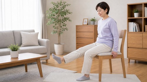医師の指導のもと膝まわりを無理なく動かす女性