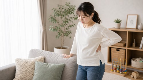 育児中の腰や肩の不調サインに気づくママ