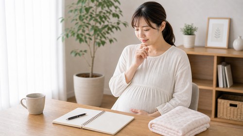 出産後のケアを見据えて予定を確認する妊婦さん